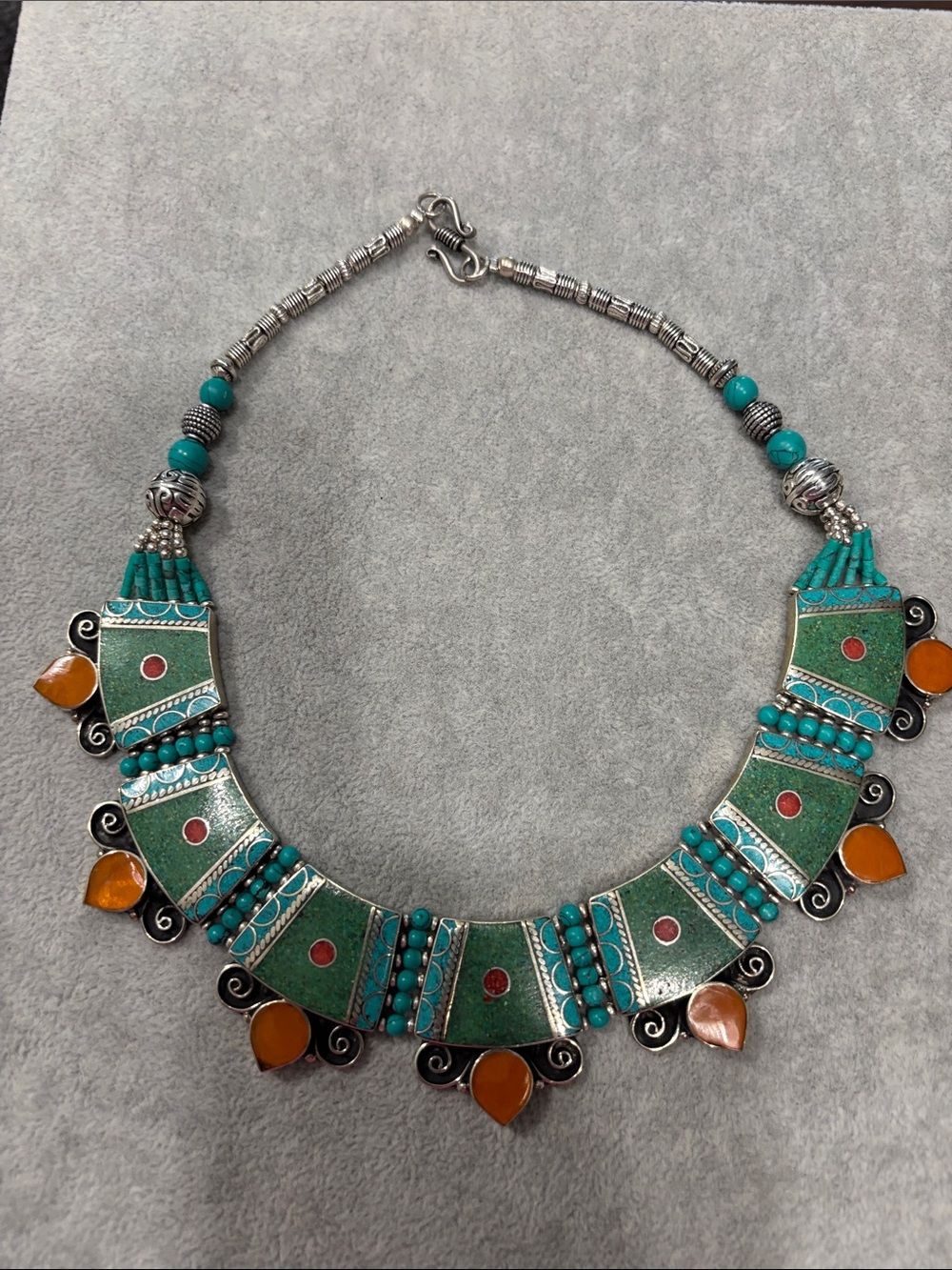 Turquoise and Orange Statement Bib Necklace - Women Jewelry